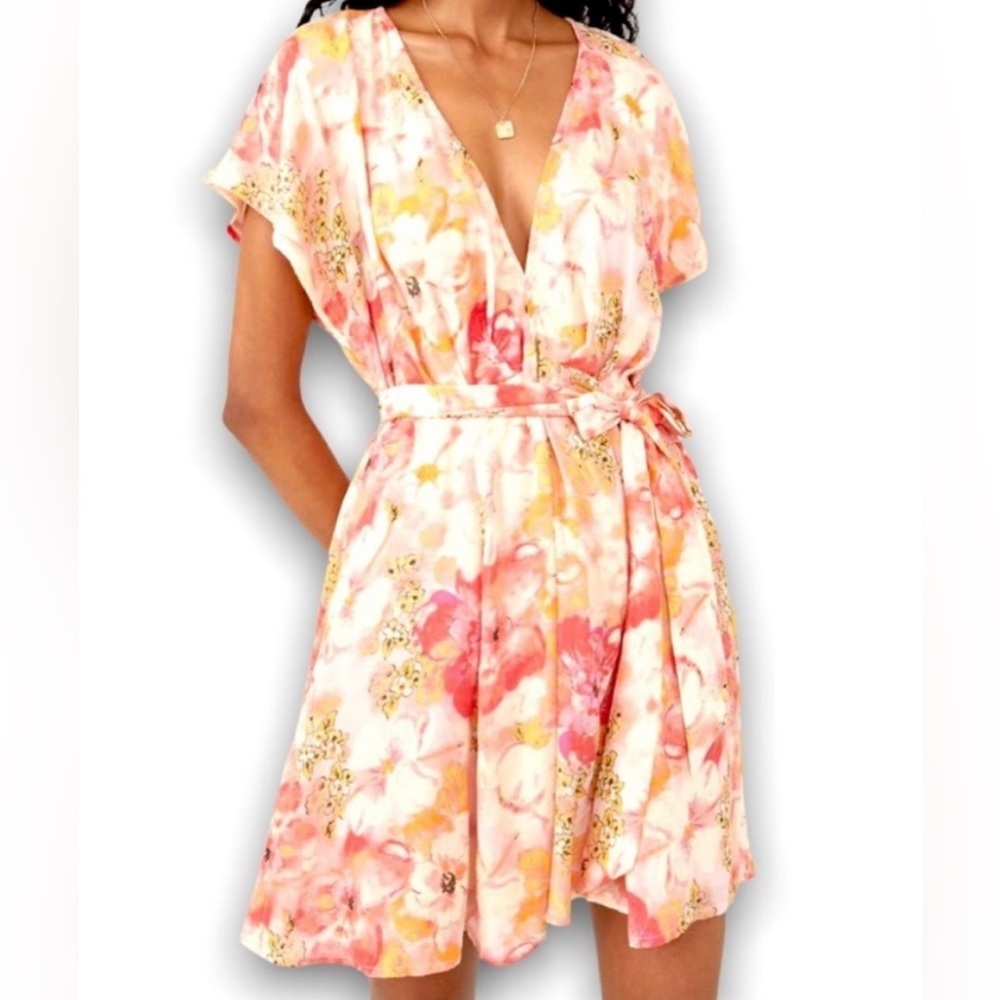Free People Freddy Multi Floral Printed Short Sleeve Mini Wrap Belt Dress Large